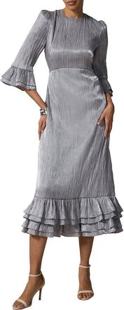 Mint Velvet Metallic Ruffle Sleeve Midi Dress in Silver at Nordstrom, Size 10