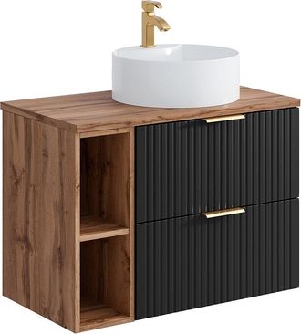 Vente-Unique Mueble de ba&ntilde;o suspendido estriado con estantes y lavabo redondo sobre encimera - Negro y natural claro - L80 cm - ZEVARA