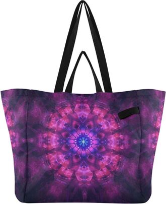 Generic Purple Mandala Blue pattern Reusable Canvas Tote Bag, Heavy Duty Grocery Shopping Bag with Double Handles Hard Bottom Large Capacity Work Groceries Tr