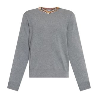 Burberry V-neck Knitwear, male, Gray, Size: 3XL Check Trim Wool Sweater