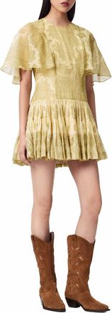 AllSaints Yanna Paisley Floral Tiered Minidress in Joanne Gold Green at Nordstrom, Size 12 Us