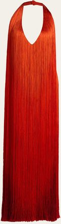 Oscar De La Renta Sleeveless Fringed Plunging Halter Gown