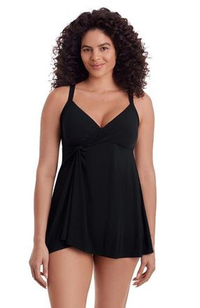 Longitude Twist Front Long Torso Swim Dress in Black at Nordstrom, Size 12