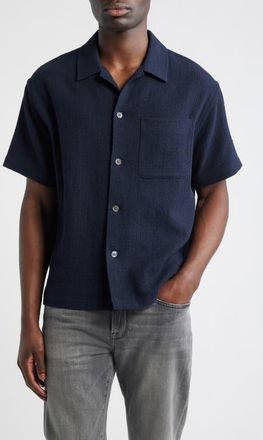 Frame Denim Open Weave Short Sleeve Cotton Blend Button-Up Shirt in Dark Navy at Nordstrom, Size Xx-Large