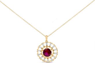 House of Brilliance 14K Yellow Gold Plated Silver Lab Grown Ruby and 5/8 Cttw Baguette Diamond Medallion Pendant Necklace