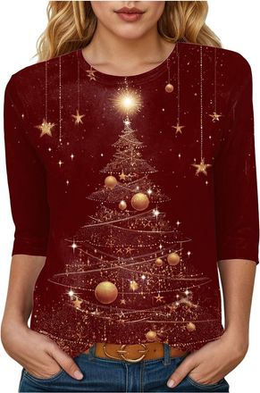 Generic Christmas T Shirts for Women UK Xmas Tops Christmas 3/4 Sleeve Crew Neck T Shirts Merry Tree Tee Shirt SantaSnowflake Print Blouse Funny Tshirt Ladies