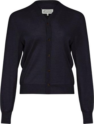 Maison Margiela Blauwe V-hals Trui Geribbelde Afwerking - Dames - Vesten - Blauw - L - Truien & Vesten