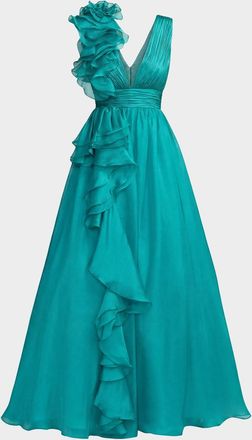 Mac Duggal Sleeveless Deep V-Neck Ruffle Gown