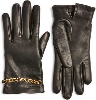 Saint Laurent Chain Link Cashmere Lined Leather Gloves in Black/Gold at Nordstrom, Size 6.5