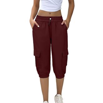 Generic Cargo Trousers,Womens Cargo Shorts,Womens Cropped Cargo Trousers Plain Summer Casual 3/4 Length Walking Joggers Shorts Lightweight Drawstring Elastica