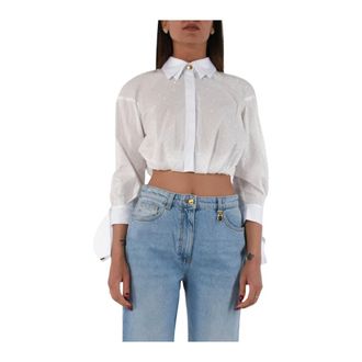 Elisabetta Franchi Shirts, female, White, Size: L Crystal Embellished Poplin Shirt with Bow
