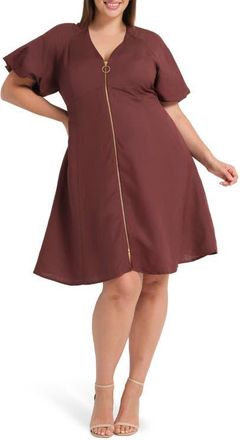 Estelle Heather Front Zip Puff Sleeve Dress in Aubergine at Nordstrom, Size 20W