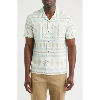 Dark Seas Palmetto Geo Pattern Cotton Camp Shirt in Off-White/blue at Nordstrom, Size Xx-Large