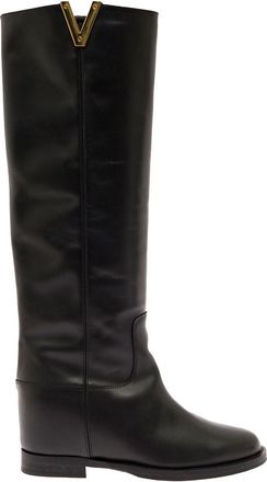 Via Roma 15 Black Leather Boots With Metal V Logo Detail Via Roma 15 Woman