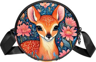 Generic Circle Crossbody Bag for Women, Color Drawing Deer Small Sling Bag Daypack with Zipper Adjustable Shoulder Straps Casual Ladies Girls Round Purse
