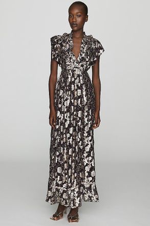 Anthropologie Maeve Metallic Flutter-Sleeve Maxi Dress