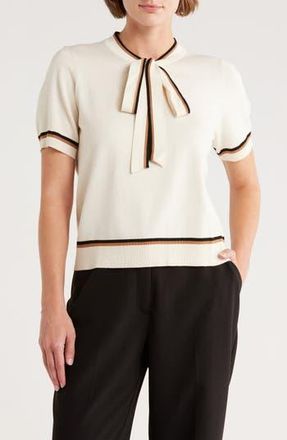 Adrianna Papell Double Tipped Tie Neck Sweater in Cream/Black/Camel at Nordstrom Rack, Size X-Small