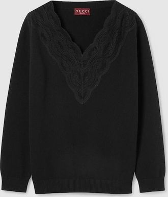 Gucci Wool And Cashmere Sweater With Lace, Black, Ready-to-wear