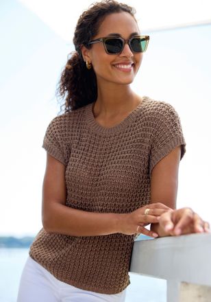 s.Oliver Kurzarmpullover S.OLIVER, Damen, Gr. 32/34, taupe, Strick, Obermaterial: 100% Polyacryl, unifarben, figurumspielend h&uuml;ftlang, Rundhals, Rippstrickb&uuml;nd