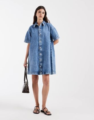 Pieces Vestito camicia corto in denim blu medio