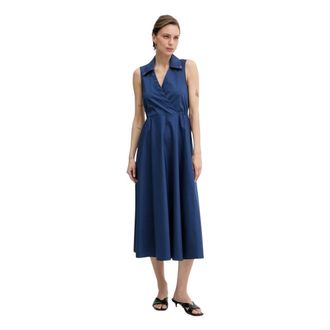 Fracomina Kleedjes, Dames, Blauw, XS, Katoen, Mouwloze jurk met strikceintuur tot halverwege de kuit