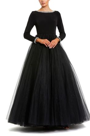 Mac Duggal Embellished Jersey Long Sleeve Ballgown With Tulle Skirt in Black at Nordstrom, Size 18
