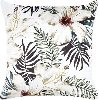 Beliani Beliani - Coj&iacute;n De Terciopelo Verde Blanco Crema 45 X 45 Cm Patr&oacute;n De Hojas Boho Okra