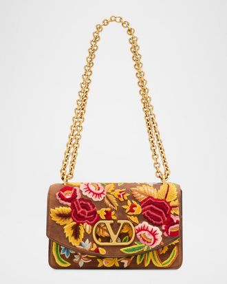 Valentino Garavani Vain Medium Floral-Embroidered Suede Shoulder Bag