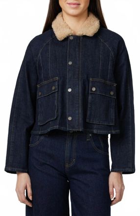 Habitual Faux Shearling Collar Crop Barn Jacket In Rinse