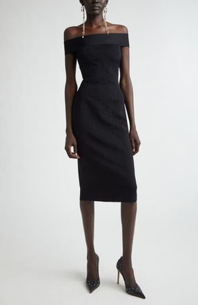 Alexander McQueen Satin & Jacquard Off the Shoulder Pencil Dress in Black at Nordstrom, Size 10 Us