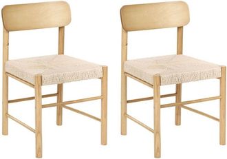 Beliani Set of 2 Dining Chairs Light Brown Rubberwood Paper Rope Woven Seat Boho Style Kitchen Dining Room DIGNE