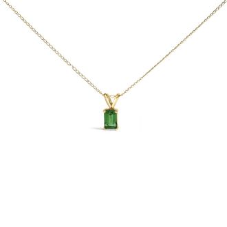 House of Brilliance 14K Yellow Gold 6x4MM Emerald Cut Green Emerald Solitaire Pendant Necklace