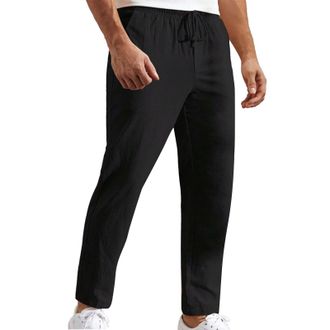 Generic Cotton Trousers Mens UK | Mens Trousers Casual Smart Cropped Trousers Slim-Fit Straight Legs Trousers Elasticated Waistband Beach Trousers with Drawco