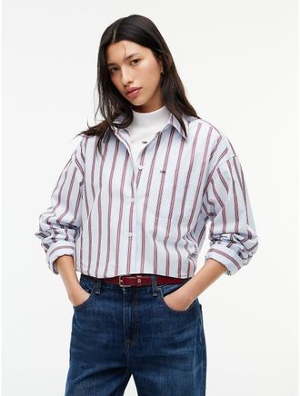 Tommy Hilfiger Womens Tommy Jeans Oversized Fit Poplin Shirt - Sheer Blue / Stripe - XS