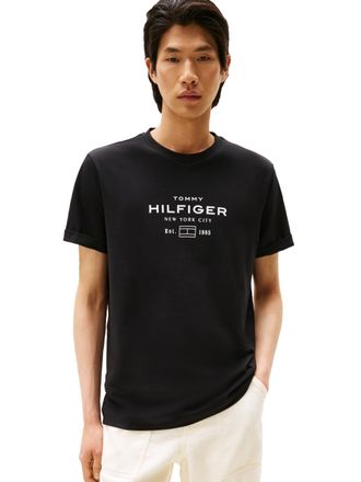 Tommy Hilfiger Mens Short Sleeve Cotton Graphic T-Shirts with Stacked Logo Designs, Black, Medium