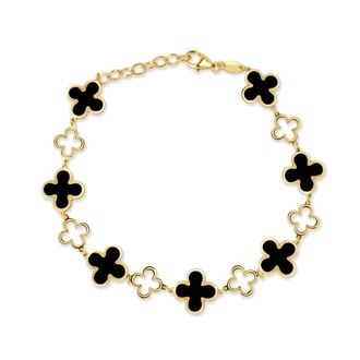 Italian Gold, Inc 14K Yellow Gold Alternating Clover & Open Clovers All The Way Around Bracelet - Onyx