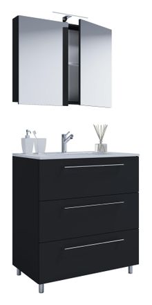 ebuy24 Ebuy24 - Vcm 3 Piezas Lavabo Lavabo Inferior Gabinete Ancho 60 Cm Muebles De Ba&ntilde;o Conjunto De Pie Con Tres Cajones Espejo Gabinete Badinos (negro)