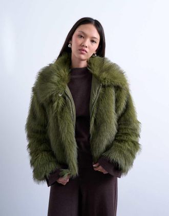 Topshop Giacca bomber in pelliccia sintetica verde oliva con zip