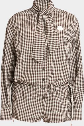 Moncler Vichy Long-Sleeve Romper with Bow