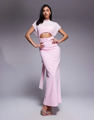 Asos sheer overlay maxi dress in light pink-Green
