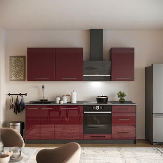 Vicco Mueble De Cocina Fame-line, Rojo Burdeos Alto Brillo/antracita, 230 Cm, Et Roble, Vicco