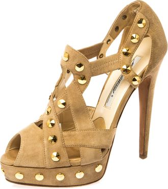 Brian Atwood Beige Cut Out Studded Suede Peep Toe Platform Sandals