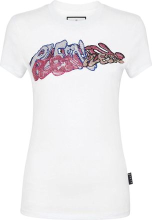 Philipp Plein crystal-embellished graffiti-logo T-shirt - women - Cotton/Glass Fiber - S - White