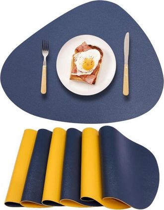 OEM Juego De 6 Manteles Individuales Redondos De Piel Sint&eacute;tica, Reversibles En Azul Marino Y Amarillo, Manteles Individuales De Pu Impermeables, Resisten