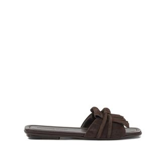 Pomme Dor Schoenen, Dames, Bruin, 38 EU, Su&egrave;de, Su&egrave;de slide-slippers met knoop- en franjedetail