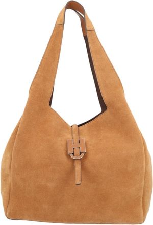 Hogan Spacious Tan Calfskin Tote Bag with Metallic Details