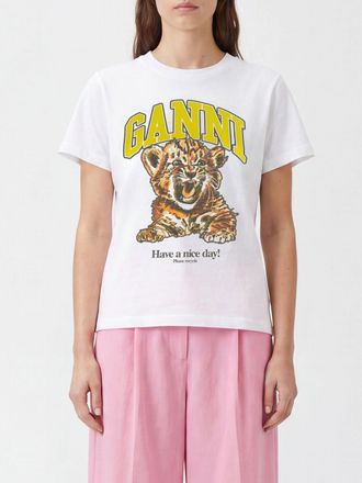 Ganni T-shirt in cotone a girocollo con stampa logo a contrasto