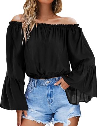 Generic Pattern Blouses Women Business Women Summer Off The Shouler Crop Tops Long Bell Sleeve Blouses for Women Sexy Causal L V (Black, XL)