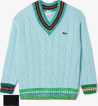 Lacoste Mens Cable Knit V-Neck Sweatshirt in Turquoise Wool - Size Medium