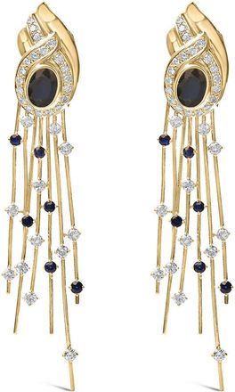 House of Brilliance 14K Yellow Gold 1.0 Cttw Diamond and Blue Sapphire Chandelier Earrings